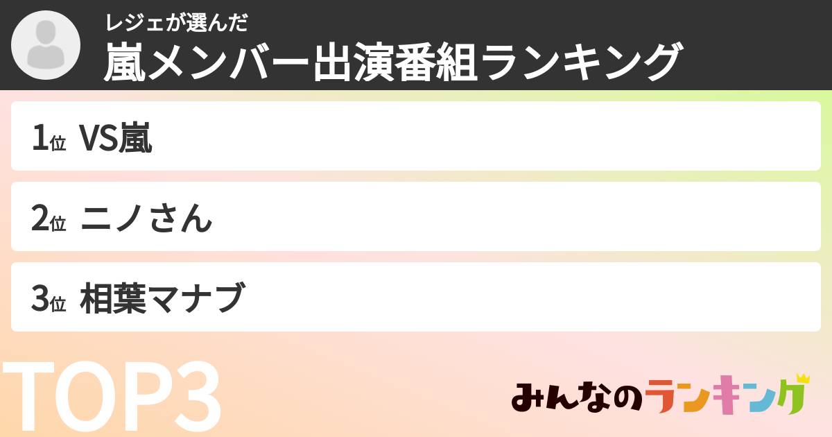 レジェさんの「嵐メンバー出演番組ランキング」