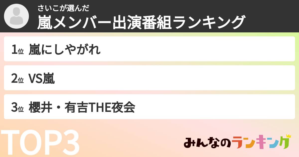 さいこさんの「嵐メンバー出演番組ランキング」