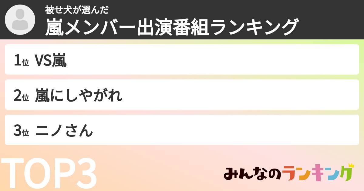 被せ犬さんの「嵐メンバー出演番組ランキング」
