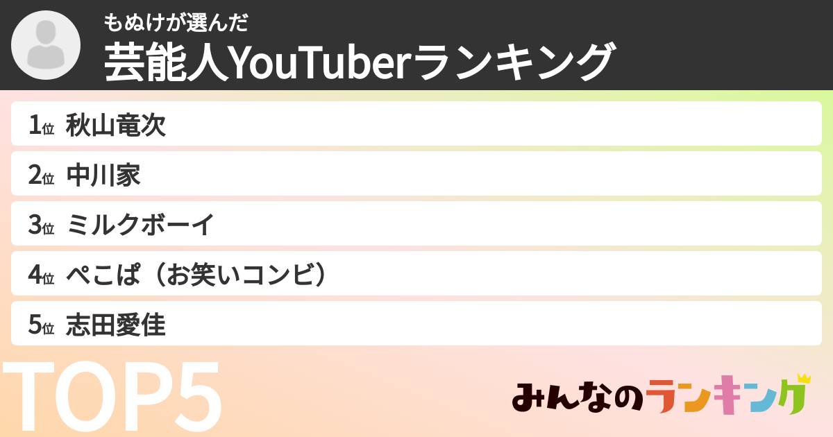 もぬけさんの「芸能人YouTuberランキング」