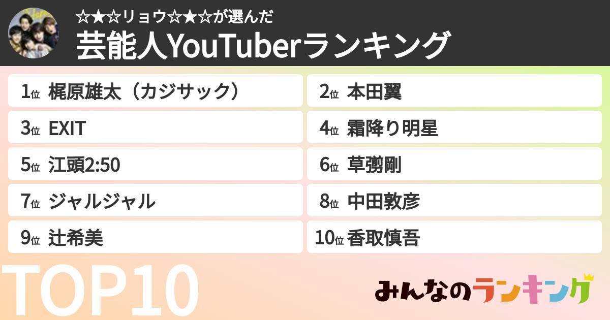 ☆★☆リョウ☆★☆さんの「芸能人YouTuberランキング」