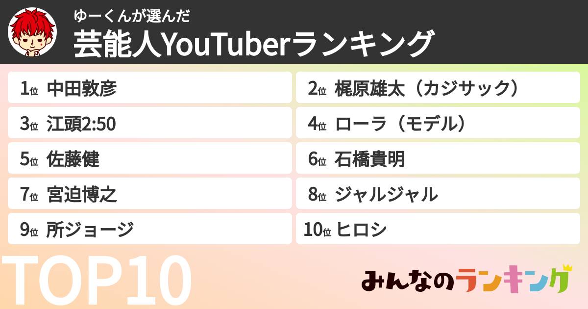 ゆーくんさんの「芸能人YouTuberランキング」
