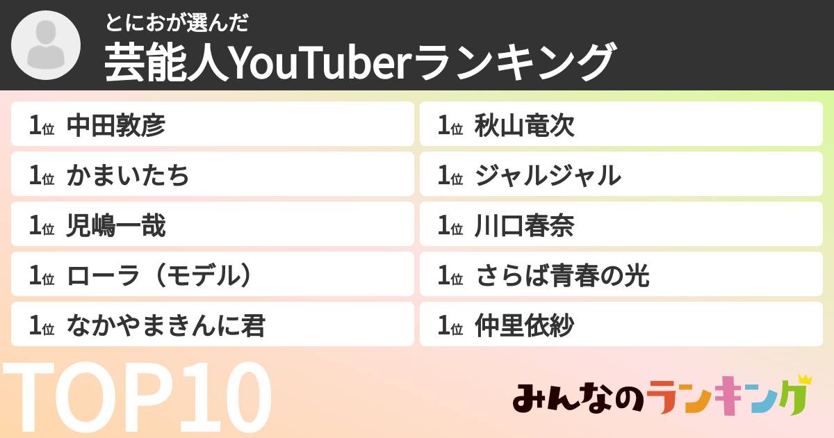 とにおさんの「芸能人YouTuberランキング」