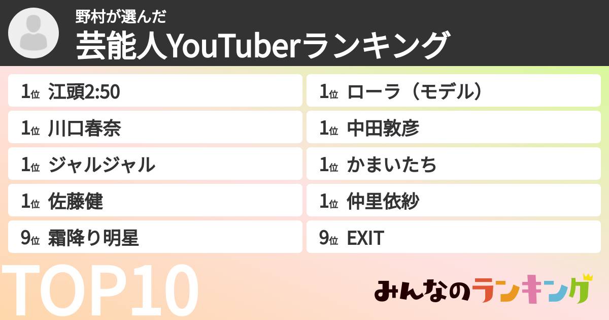 野村さんの「芸能人YouTuberランキング」