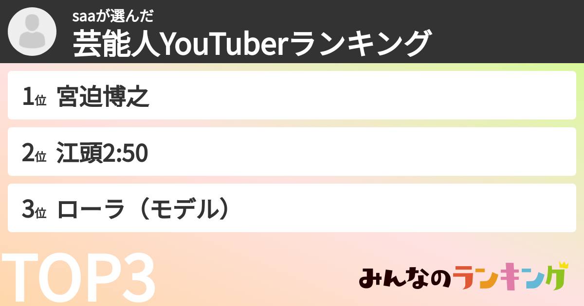 saaさんの「芸能人YouTuberランキング」