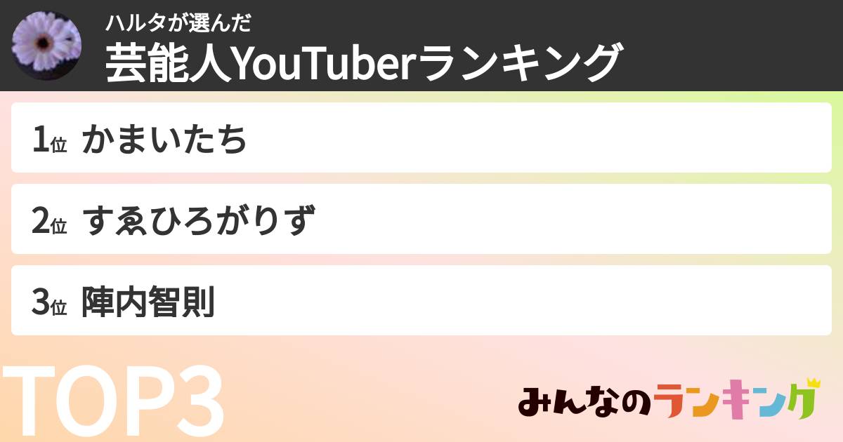 ハルタさんの「芸能人YouTuberランキング」