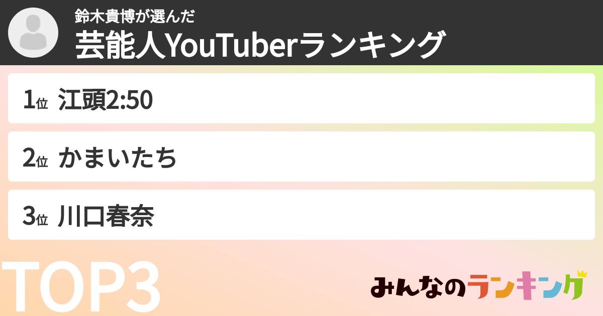 鈴木貴博さんの「芸能人YouTuberランキング」