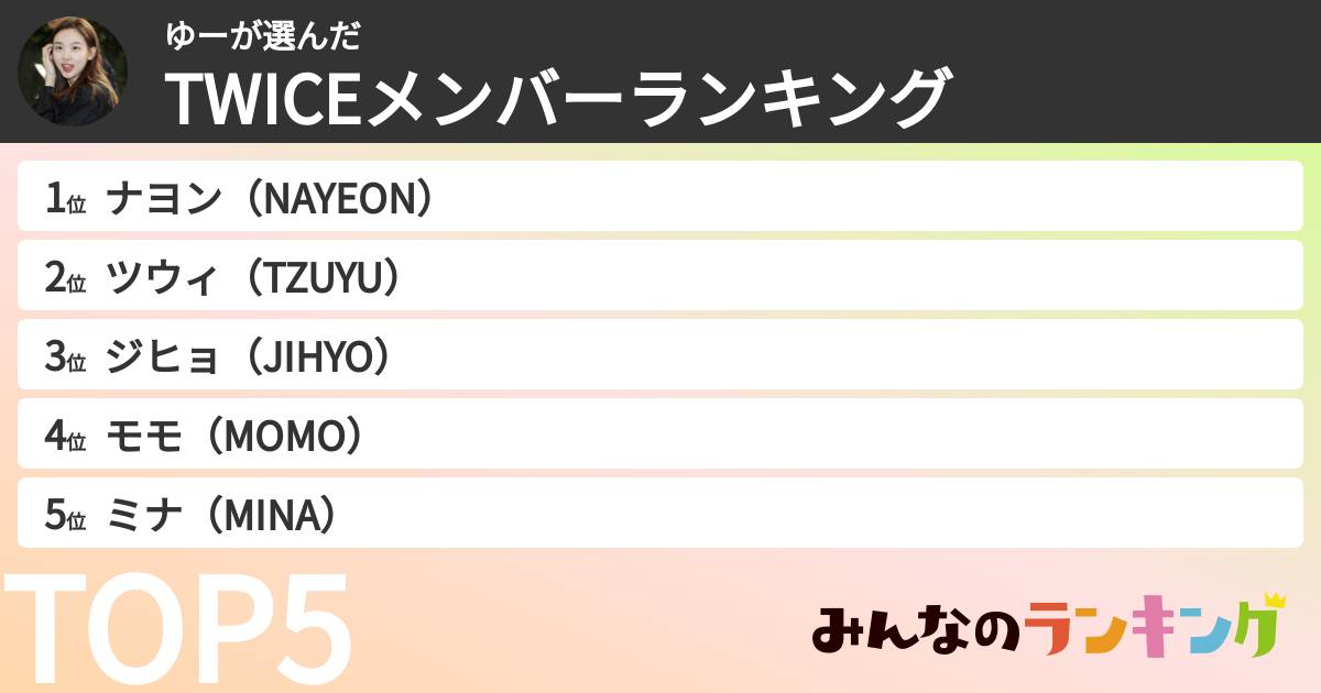 ゆーさんの「TWICEメンバーランキング」