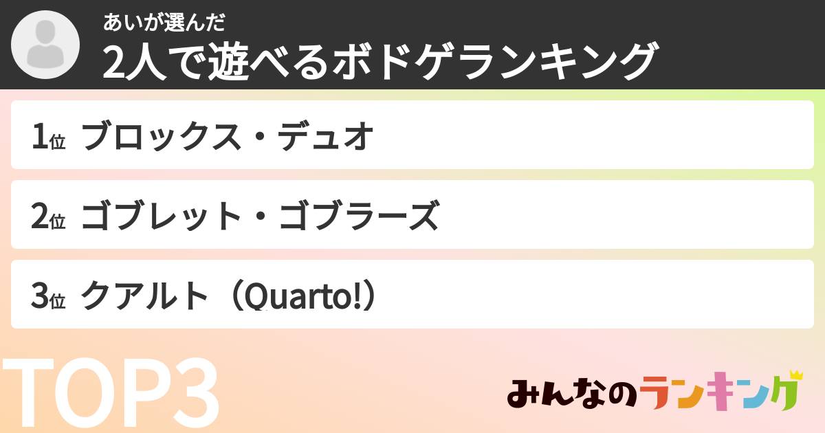 あいさんの「2人で遊べるボドゲランキング」