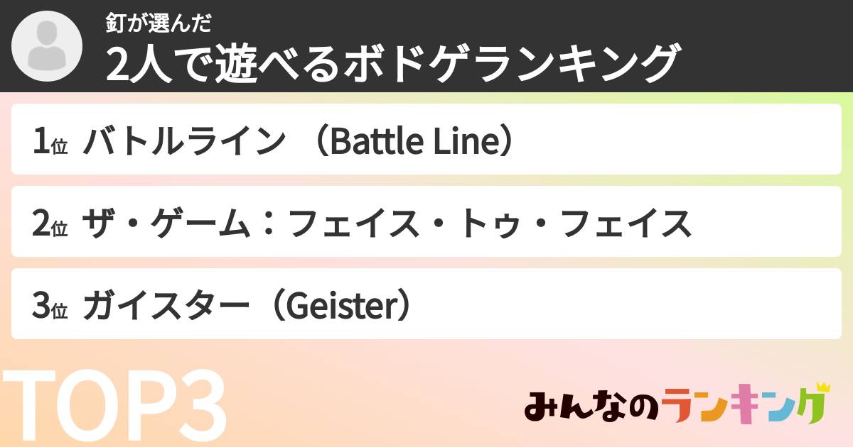 釘さんの「2人で遊べるボドゲランキング」