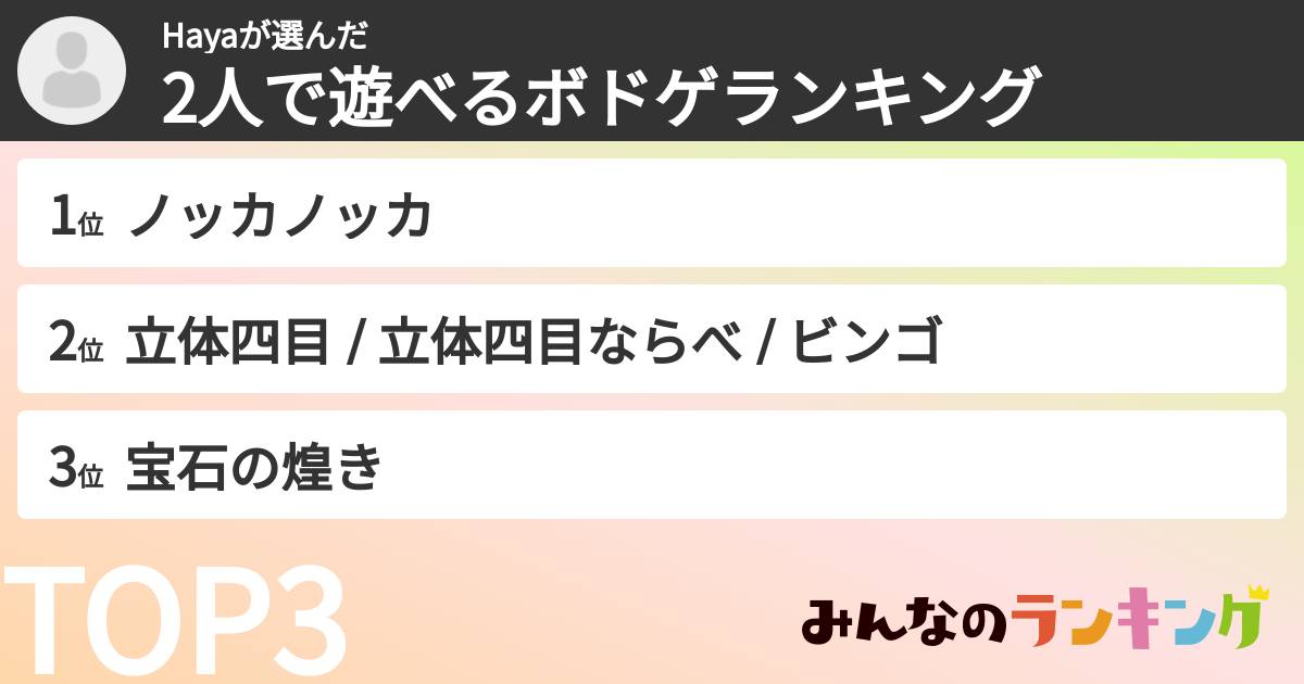Hayaさんの「2人で遊べるボドゲランキング」