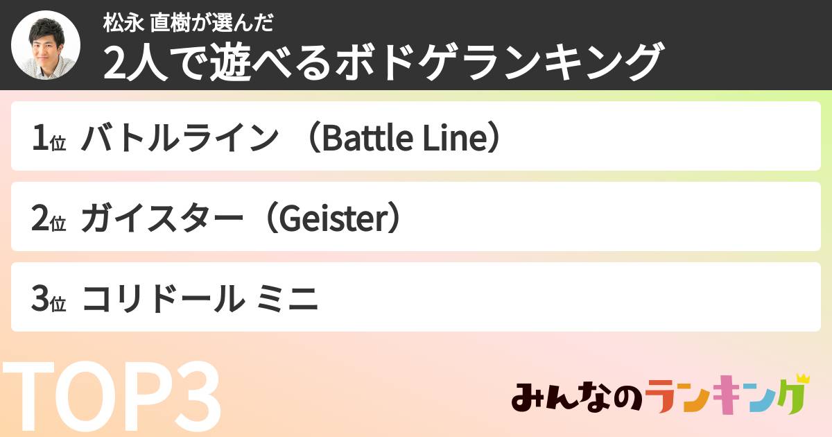 松永 直樹さんの「2人で遊べるボドゲランキング」