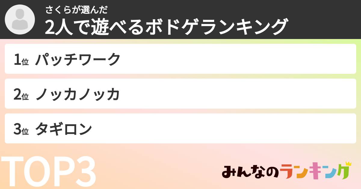 さくらさんの「2人で遊べるボドゲランキング」