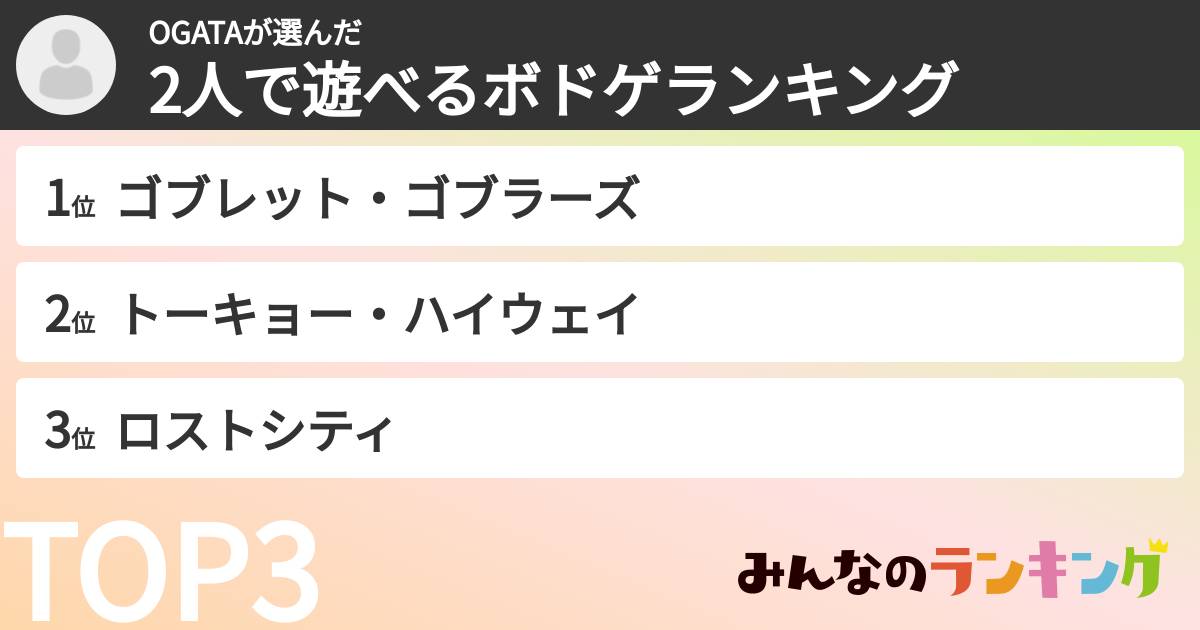 OGATAさんの「2人で遊べるボドゲランキング」