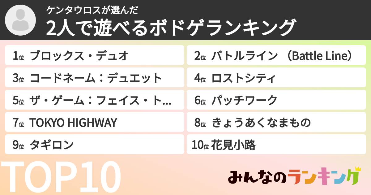 ケンタウロスさんの「2人で遊べるボドゲランキング」