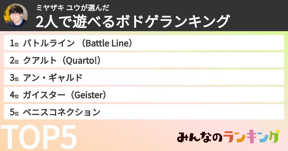 ミヤザキ ユウさんの「2人用ボードゲームおすすめランキング」