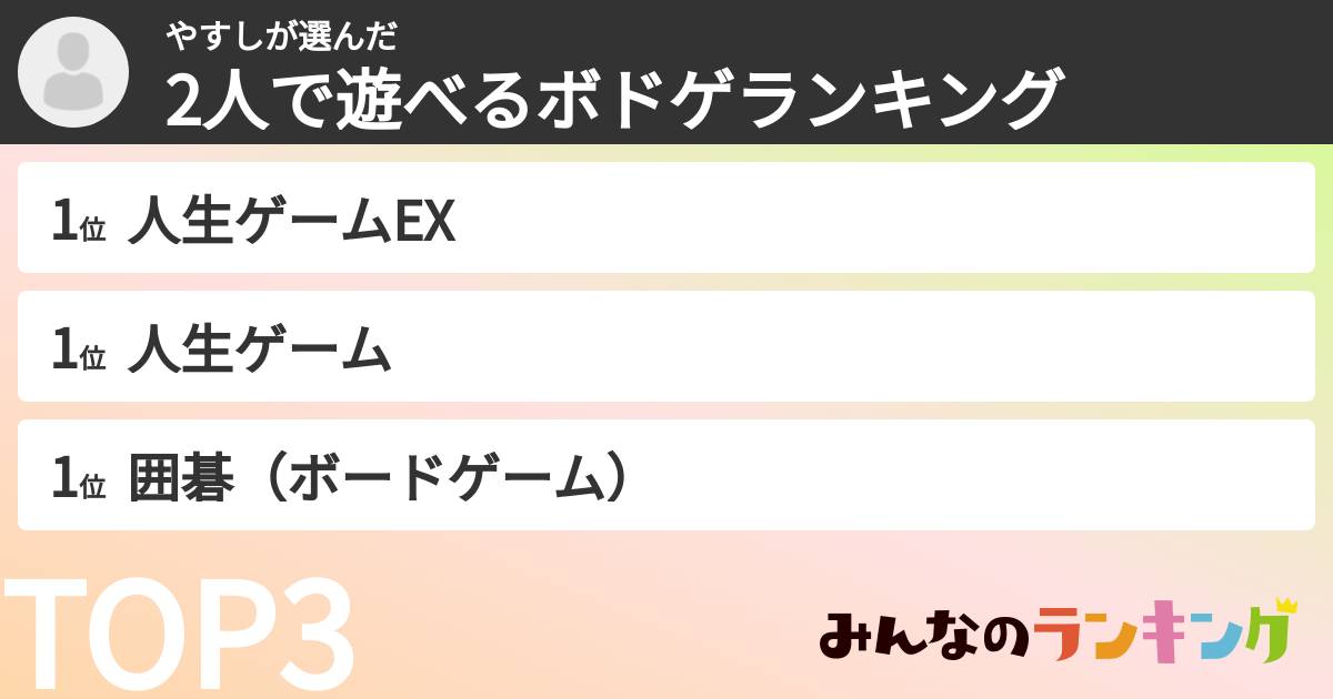 やすしさんの「2人で遊べるボドゲランキング」