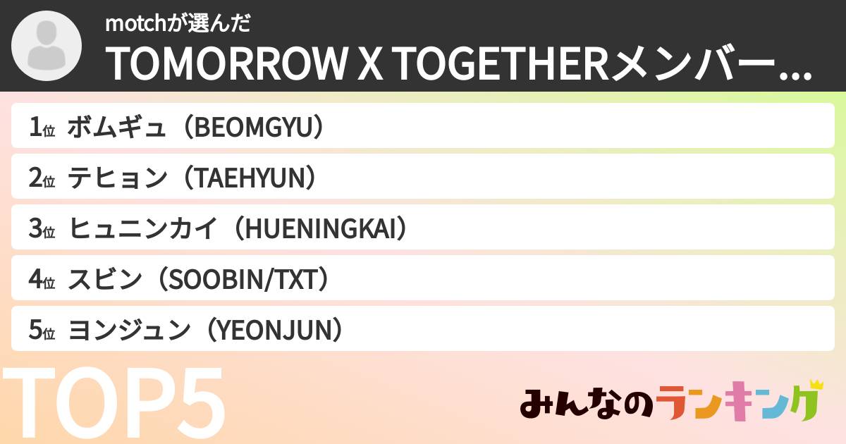 motchさんの「TOMORROW X TOGETHERメンバーランキング」