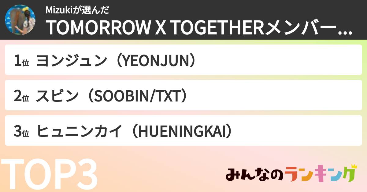 Mizukiさんの「TOMORROW X TOGETHERメンバーランキング」