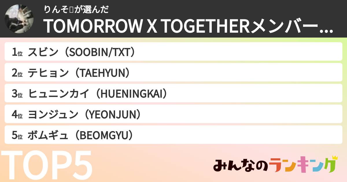 りんそ𖧵さんの「TOMORROW X TOGETHERメンバーランキング」