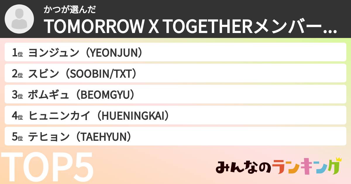 かつさんの「TOMORROW X TOGETHERメンバーランキング」
