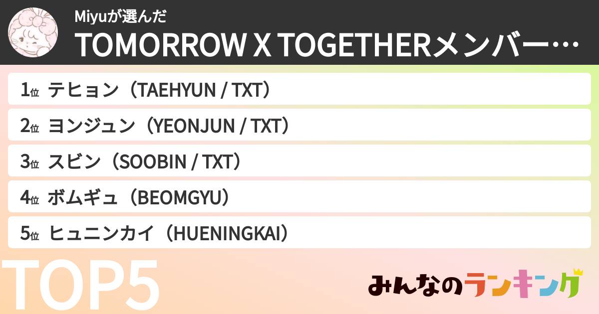 Miyuさんの「TOMORROW X TOGETHERメンバーランキング」