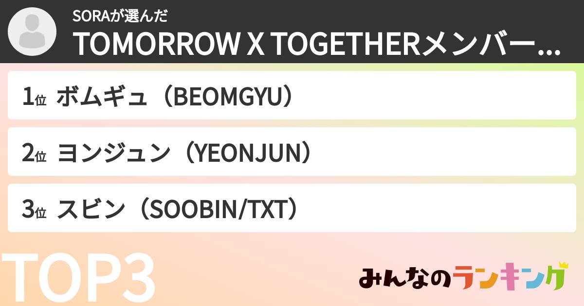 SORAさんの「TOMORROW X TOGETHERメンバーランキング」