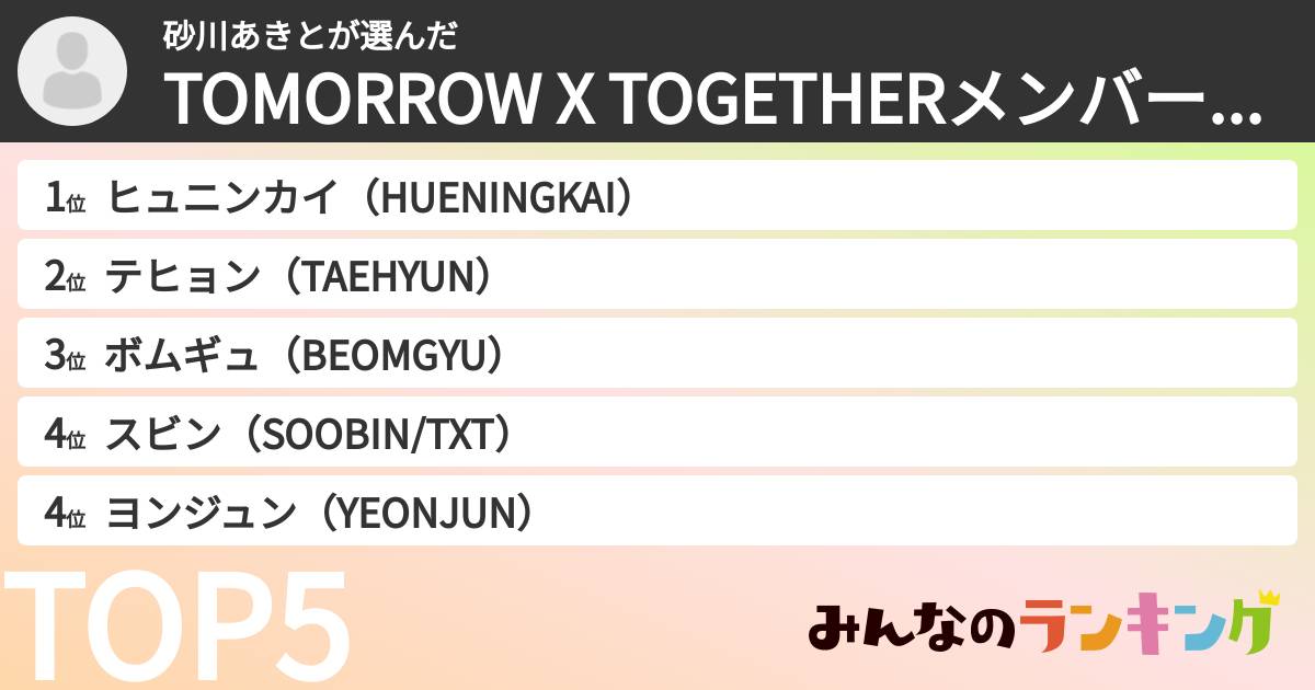 砂川あきとさんの「TOMORROW X TOGETHERメンバーランキング」