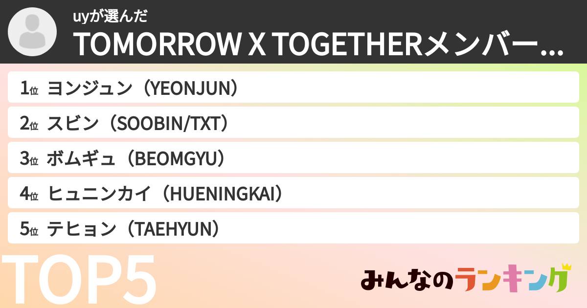 uyさんの「TOMORROW X TOGETHERメンバーランキング」