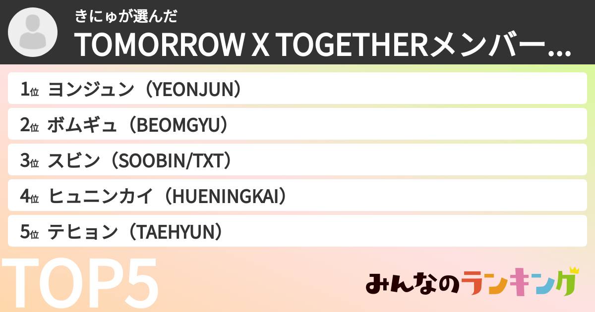 きにゅさんの「TOMORROW X TOGETHERメンバーランキング」