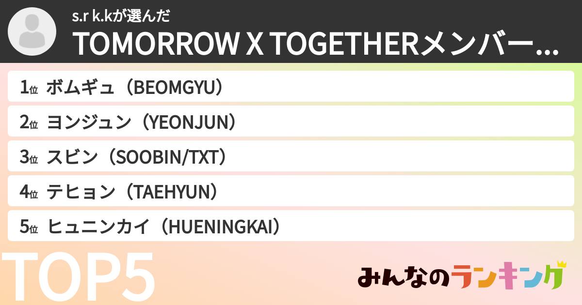 s.r k.kさんの「TOMORROW X TOGETHERメンバーランキング」