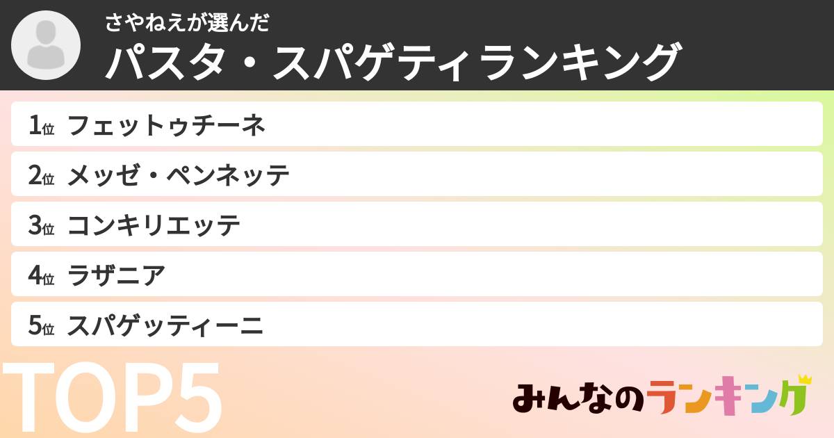 さやねえさんの「パスタ・スパゲティランキング」