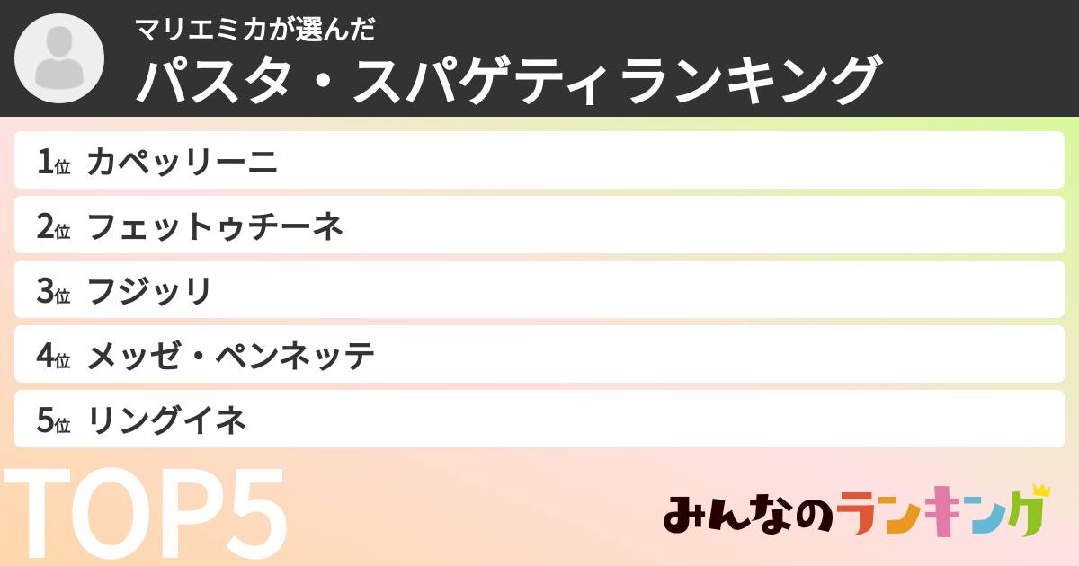 マリエミカさんの「パスタ・スパゲティランキング」