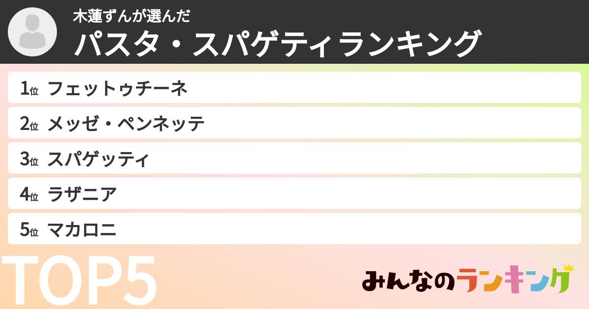 木蓮ずんさんの「パスタ・スパゲティランキング」