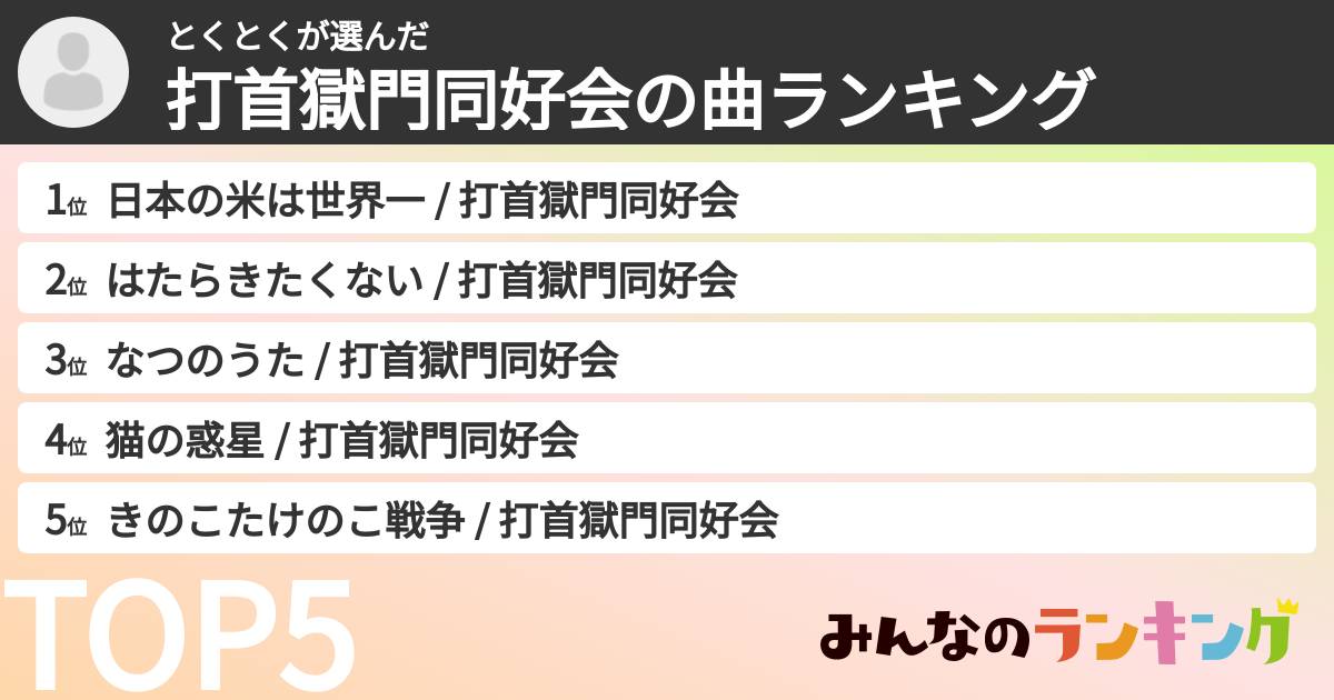 とくとくさんの「打首獄門同好会の曲ランキング」