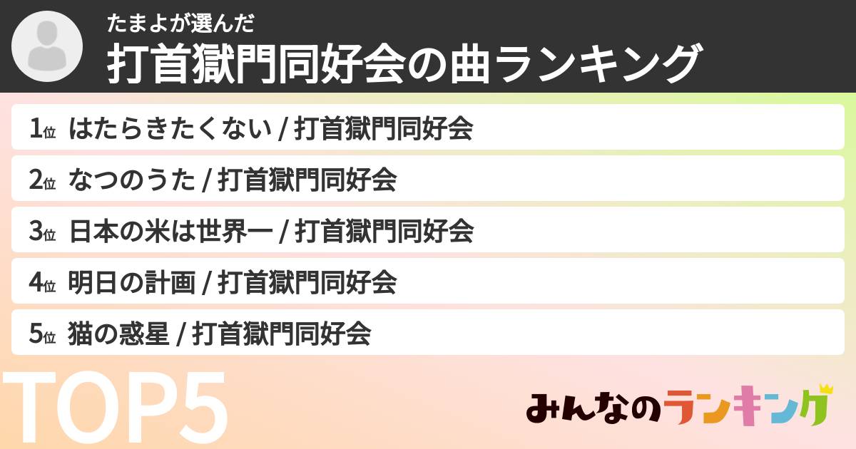 たまよさんの「打首獄門同好会の曲ランキング」