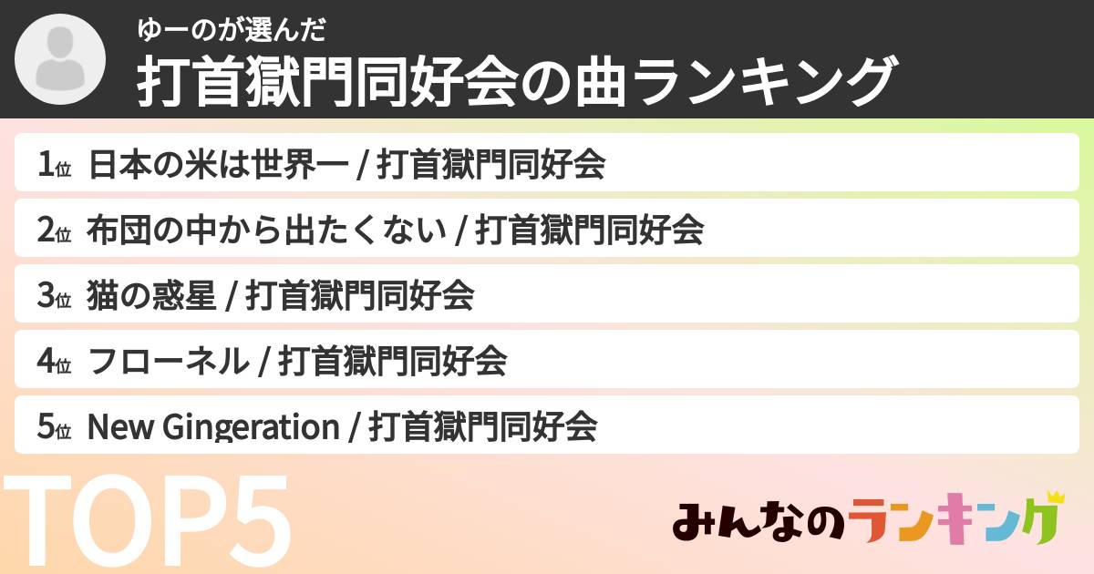ゆーのさんの「打首獄門同好会の曲ランキング」