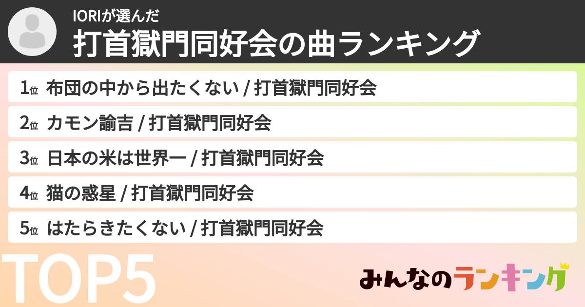 IORIさんの「打首獄門同好会の曲ランキング」
