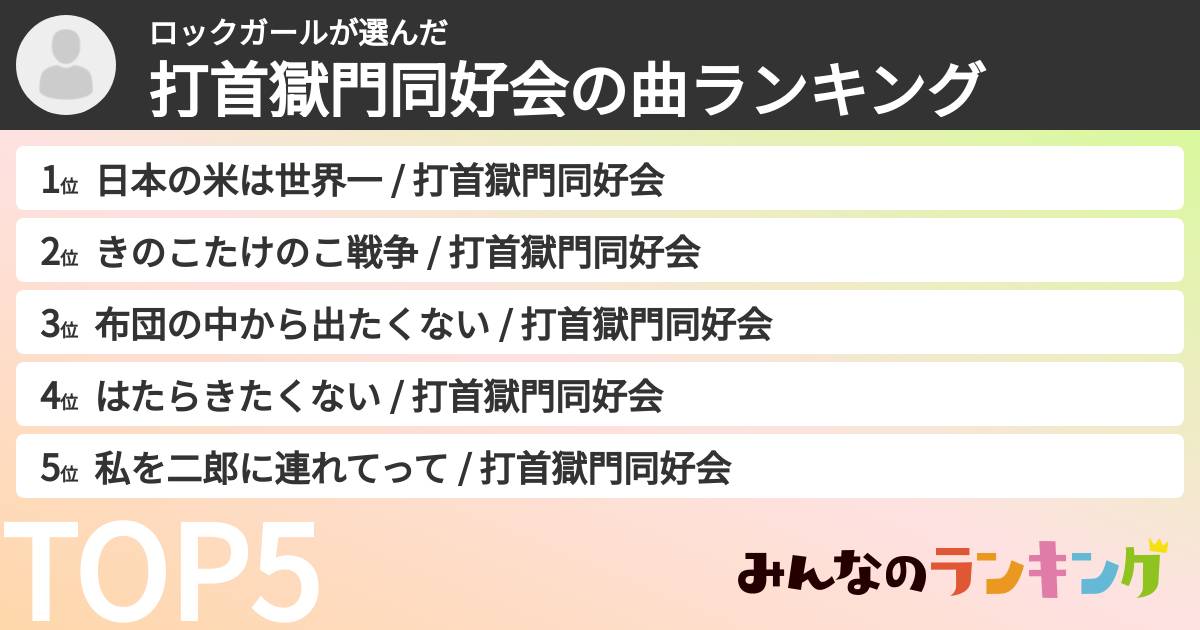 ロックガールさんの「打首獄門同好会の曲ランキング」