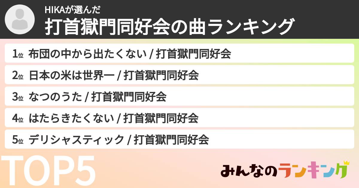 HIKAさんの「打首獄門同好会の曲ランキング」