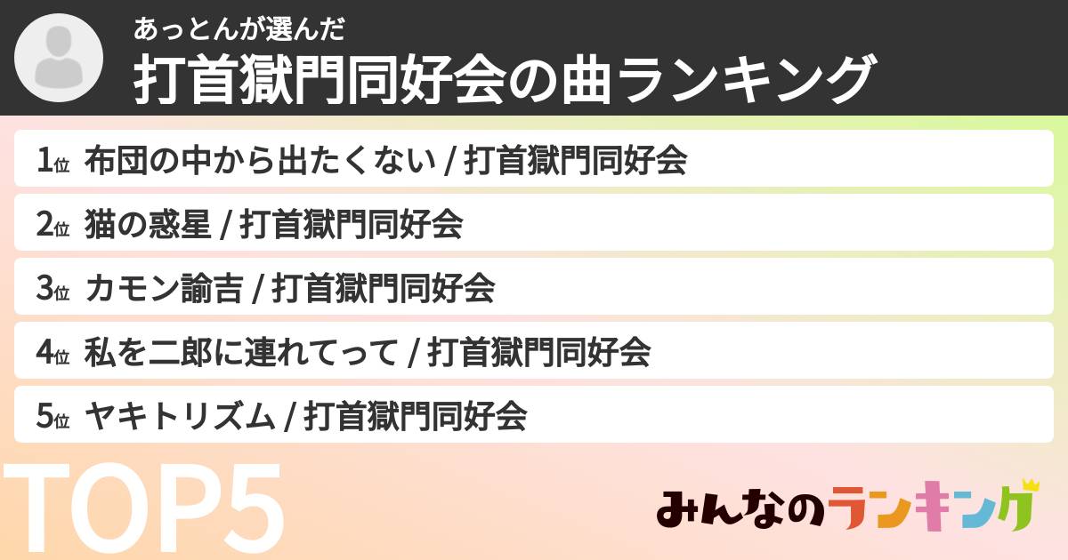 あっとんさんの「打首獄門同好会の曲ランキング」