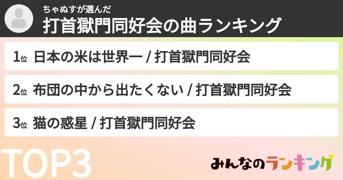 ちゃぬすさんの「打首獄門同好会の曲ランキング」