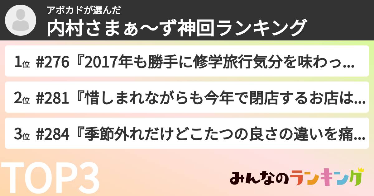アボカドさんの「内村さまぁ〜ず神回ランキング」