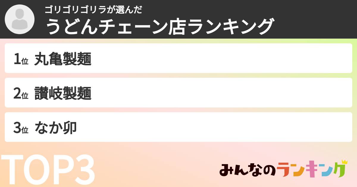 ゴリゴリゴリラさんの「うどんチェーン店ランキング」