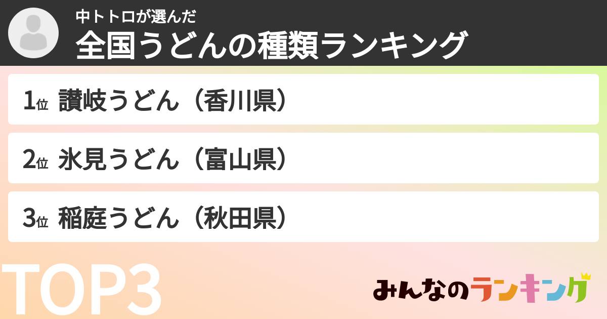 中トトロさんの「全国うどんの種類ランキング」