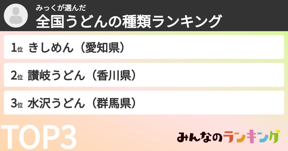 みっくさんの「全国うどんの種類ランキング」