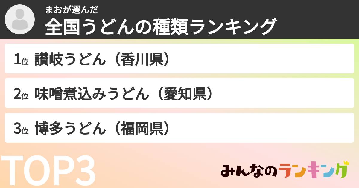 まおさんの「全国うどんの種類ランキング」