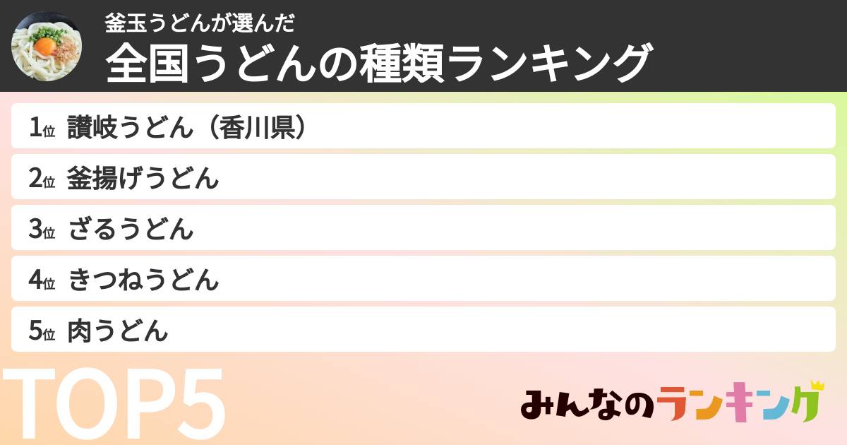 釜玉うどんさんの「全国うどんの種類ランキング」