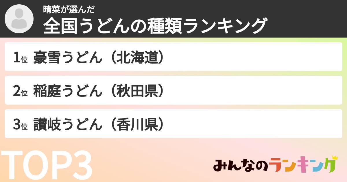 晴菜さんの「全国うどんの種類ランキング」