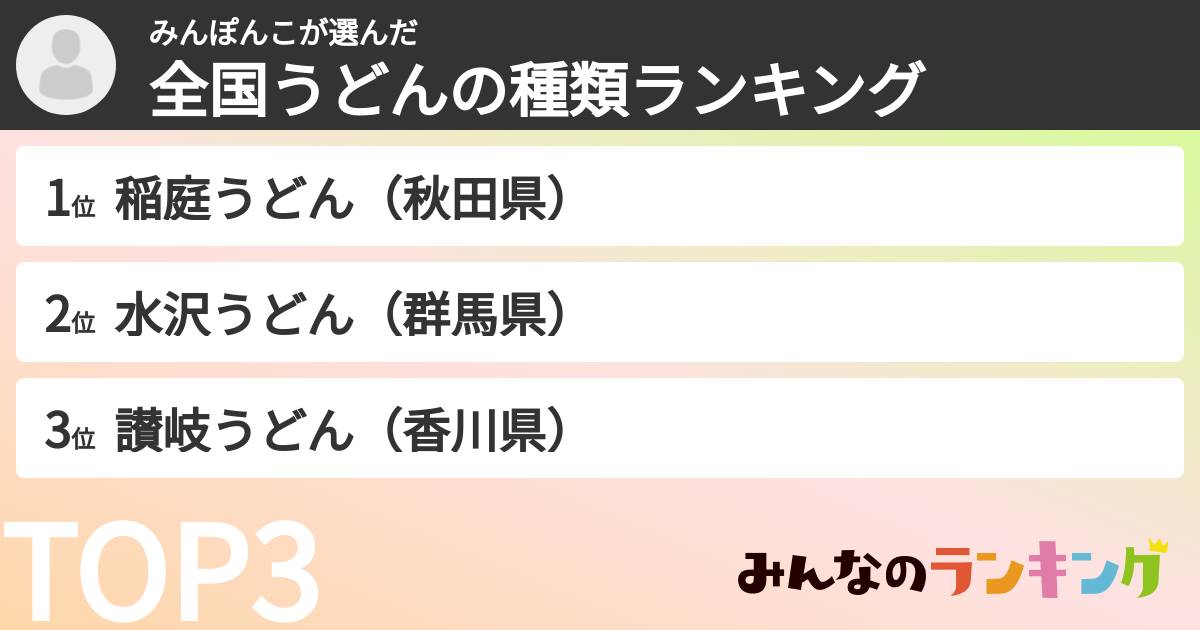 みんぽんこさんの「全国うどんの種類ランキング」